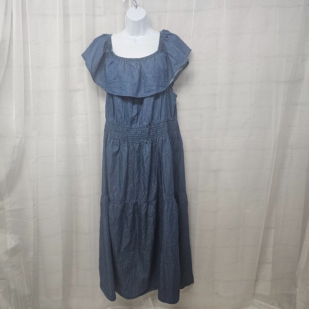 NWT MPH Blue Chambray Peasant Midi Dress Ruffle Boho Cottagecore Tiered 2X